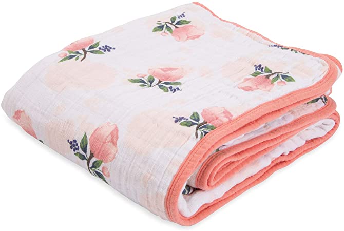 Little Unicorn Cotton Muslin Quilt – 47”x 47”- 100% Cotton – Machine Washable – Softer with Every Wash – Playful Designs - 4 Lightweight, Breathable Layers – for Boys & Girls (Watercolor Roses)