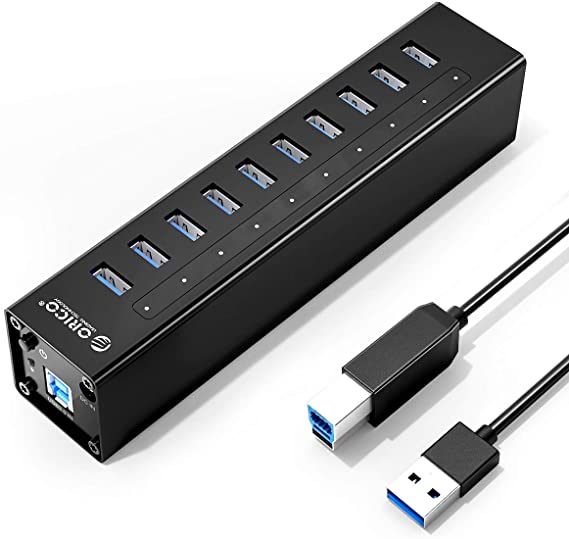 Powered USB 3.0 Hub ORICO Aluminum 10 Port USB 3.0 Sync and Charging Hub (10 x 1.5A) Portable Data Splitter with 12V/3A Power Adapter (Black)