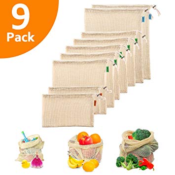 Reusable Mesh Produce Bags - Premium Washable Mesh Bags for Grocery Shopping, Storage of Fruit Vegetable and Garden Produce Eco Friendly Net Bags (Cotton)