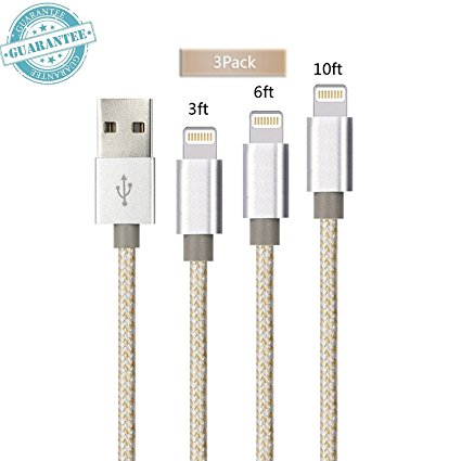 Lightning Cable - 3Pack 3FT 6FT 10FT, DANTENG Extra Long iPhone Cable - Nylon Braided 8 Pin to USB Cord for iPhone 7,6s,6 Plus,SE,5s,5,Pad,iPod(Gold Silver)