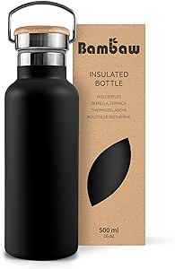 Bambaw Insulated Water Bottle 16 oz, Black Water Bottle, Stainless Steel Water Bottle, Dishwasher Safe Water Bottle, Travel Water Bottle No Straw, Metal Water Bottle – Jet Black