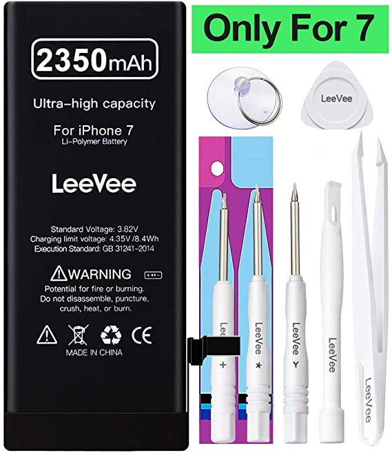 LeeVee 2350mAh High Capacity Replacement Battery Compatible with iPhone 7 / 7G, LeeVee 0 Cycle Li-Polymer Replacement Battery with Repair Tools Kits, Adhesive Strips & Instructions