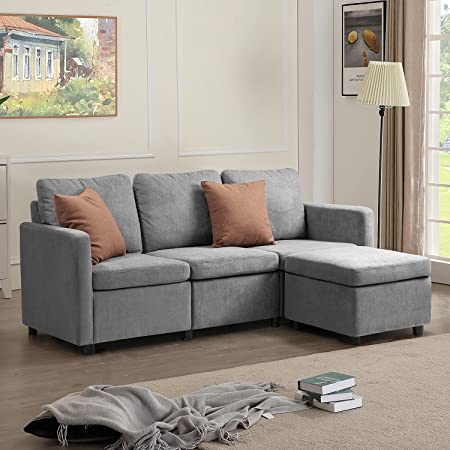 Flamaker Convertible Sectional Sofa L-Shaped Couch 3-seat Modern Fabric Reversible Sofa Couch for Living Room (Grey)