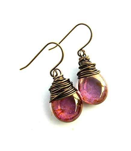Pink gold shiny pear transparent teardrop Czech Picasso glass, bronze wire wrapping earrings. Lightweight small earrings. Handmade jewelry, jewellery.