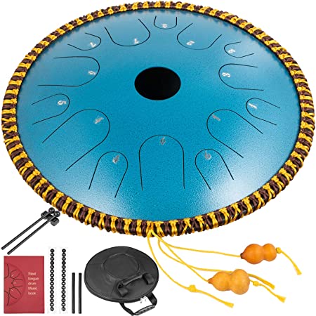 Happybuy Blue Steel Tongue Drum 14 Notes Dish Shape Drum 14 Inches Dia. Manual Percussion Steel Tongues 14 Notes Steel Tongue Handpan Drum with Rope Decoration and Mallets,Bag, Music Book