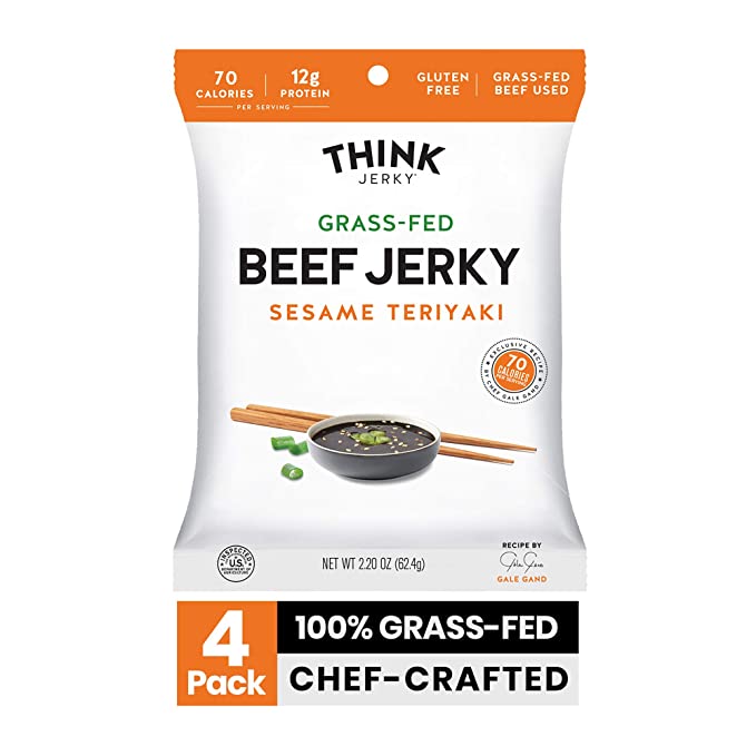 Sesame Teriyaki Beef Jerky by Think Jerky — Delicious Chef Crafted Jerky — Grass-Fed Beef Free of Gluten, Antibiotics and Nitrates — Healthy Protein Snack Low in Calories and Fat — 2.2 Ounce (4 Pack)