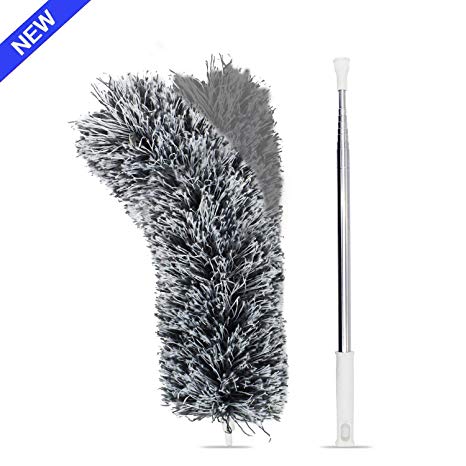 Extendable Feather Duster with Telescopic Pole(Stainless Steel), Extra Long 100 inches,Microfiber Duster with Washable Bendable Head, Hand Duster for Cleaning High Ceiling Fans, Blinds, Cobweb, Cars