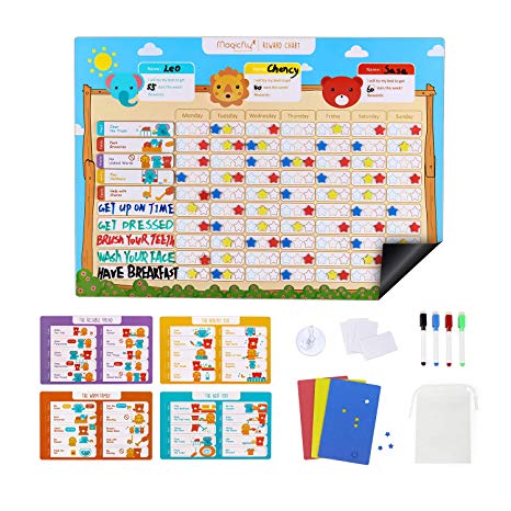 Magicfly Behavior Reward Chart for Kids, 17 x 12 Inch Chore Chart for Multiple Kids, Dry Erase Magnetic Responsibility Chart, Sticker Chart for Refrigerator with Reward Stars & Erase Markers