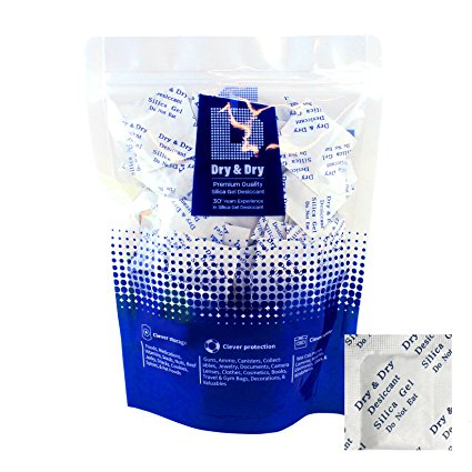 1gm Pack of 100 "Dry&Dry" Premium Pure & Safe Silica Gel Packets Desiccant Dehumidifier - Rechargeable Paper(FDA Compliant)