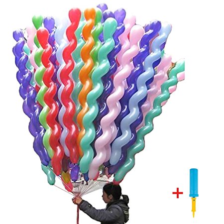 LeadTry 40-Inch Latex Spiral Balloons, 100 Peices Premium Quality Spiral Party Balloons: Assorted Color Unique Twisted Latex Balloon, Hand Held Air Inflator for Birthdays and Events (Spiral)
