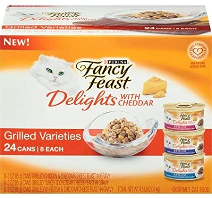 Purina Fancy Feast Delights with Cheddar Grilled Varieties Cat Food 24-3 oz. Cans [8 each: Chicken, Turkey, & Whitefish]