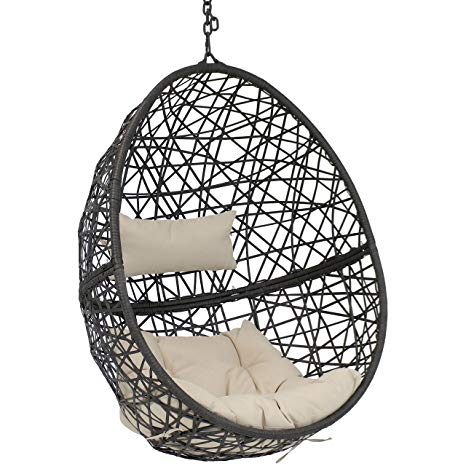 Sunnydaze Caroline Hanging Egg Chair Swing, Resin Wicker Modern Design, Indoor or Outdoor Use, Includes Beige Cushions