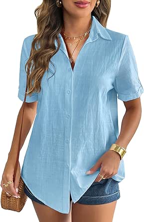 Zeagoo Women Linen Button Down Shirt Rolled Cuffed Short Sleeve Blouse Ladies Summer Casual V Neck Beach Cotton Tops