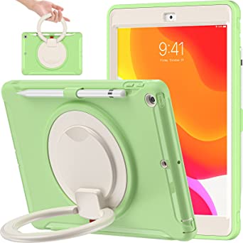 BATYUE iPad 9th/ 8th/ 7th Generation Case (iPad 10.2 Case 2021/2020/2019) with Screen Protector,Rugged Case with Rotating Stand/Pencil Holder/Pencil Cap Holder (Matcha Green)