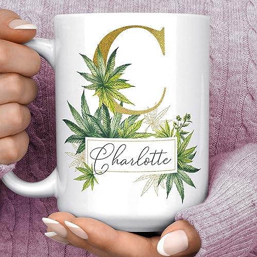 Marijuana Pot Leaf Custom Monogram Name Coffee Mug | Pretty Cannabis Gift Microwave Dishwasher Safe Personalized Cup