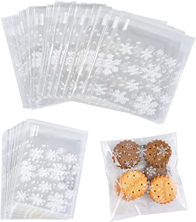 Christmas Cellophane Bags, 100 Pcs Clear Resealable Snowflake Sealed Plastic Package Cellophane Bags with Adhesive Closure for Bakery, Cookie, Candies, Dessert Poly Bags, 3.9 * 3.9 Inch
