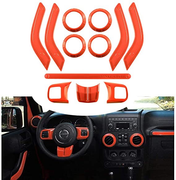 Opall Full Set Interior Decoration Trim Kit Steering Wheel& Center Console Air Outlet Trim, Door Handle Cover Inner For Jeep Wrangler JK JKU 2011-2017 2 Door &4 Door (Orange 12PCS)