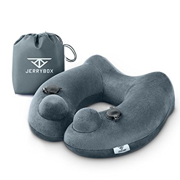 Jerrybox Travel Pillow, Fastest 10 Seconds Dual Inflating Neck Pillow, Easy Inflation, Lightweight and Portable, Suitable for Planes, Trains, Cars, Travel and More (Grey)