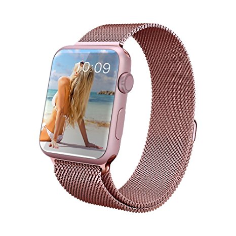 Apple Watch Band, Piqiu Fully Magnetic Closure Clasp Mesh Loop Milanese Stainless Steel Bracelet Strap for Apple Watch Sport & Edition 38mm All Models No Buckle Needed -- Rose Gold