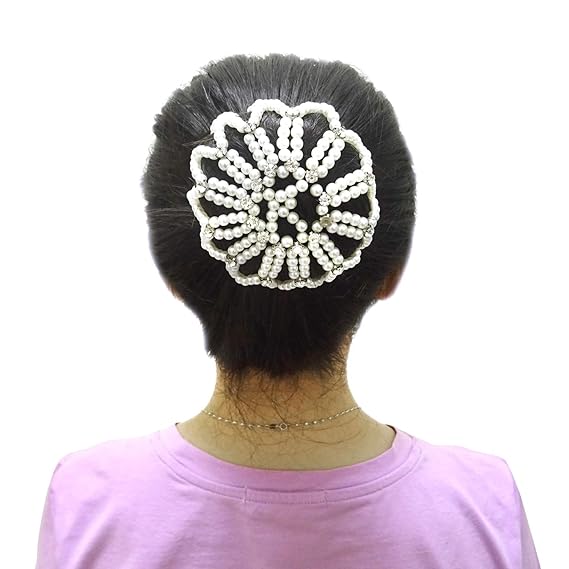 Honbay Hair Bun Cover Elastic Handmade Crochet Hair Net Snood with Pearls and Rhinestones for Ballet, Dance, Skating, etc (White)