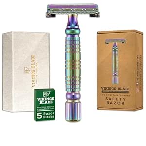 VIKINGS BLADE Double Edge Safety Razor   5 Swedish Steel Blades   Luxury Case. Smooth, Reusable, Recyclable (Chieftain "Aurora")