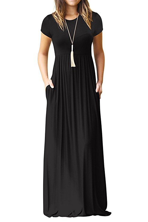 IRENE INEVENT Women's Short Sleeve Maxi Dress with Pockets Plain Loose Swing Casual Floor Length Long Dresses