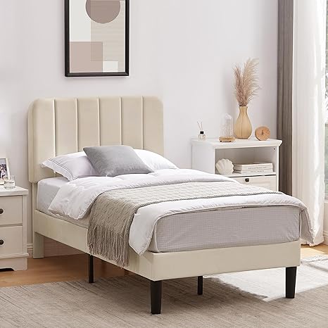 VECELO Twin Size Upholstered Bed Frame with Adjustable Headboard, Velvet Platform Bedframe Mattress Foundation, Strong Wood Slat Support, No Box Spring Needed, Beige