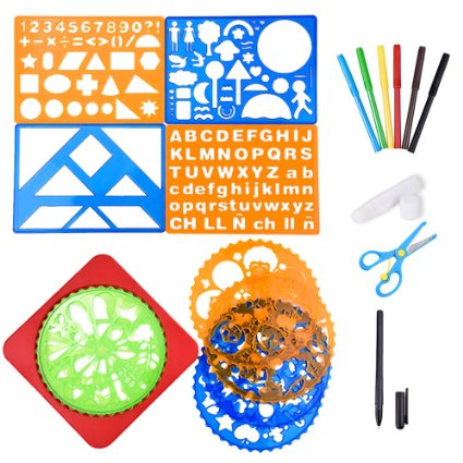 Blulu Assorted Colors Drawing Stencils Kit Set with Stencils, Colored Pencils, Plastic Scissors and Glue Stick