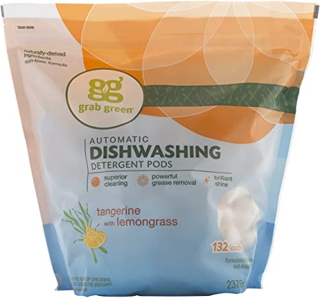 Grab Green Natural Dishwasher Detergent Pods, Tangerine   Lemongrass-With Essential Oils, 132 Count, Organic Enzyme-Powered, Plant & Mineral-Based