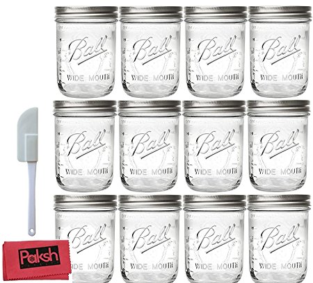 Glass Wide Mouth Mason Jars 16 oz, Bundle with Cloth, Canning, Freezing, Storage & Preserving Jelly / Jam Jars. with Metal Lids and Bands [12 Pack]