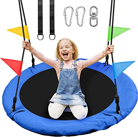 Odoland 40 inch Kids Saucer Tree Swing, Large Outdoor Chidren Round Rope Swing Installed on Tree and Backyard, 900D Waterproof Oxford Flying Saucer Platform Swing Great for 3 Kids or 1 Adult Blue