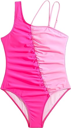 Milumia Girl's Color Block One Piece Swimsuit Ruched Asymmetrical Neck Bathing Suit