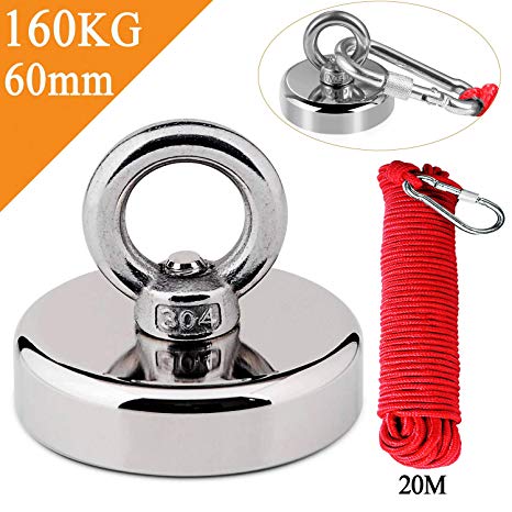 Uolor Magnet Fishing Kit with Rope 20M(66ft), N52 Super Power 160KG(353LB) Pulling Force Round Neodymium Eyebolt Fishing Magnet for Magnet Fishing and Salvage in River - Diameter 60MM