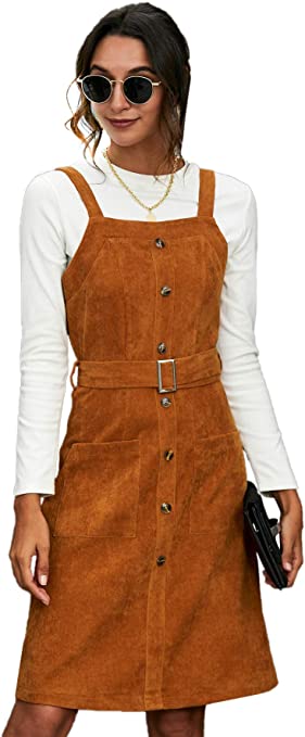 Milumia Women Button Front Corduroy Belted Sleeveless Pinafore Overall Bib Dress