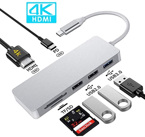 USB C HUB, 7 in 1 MacBook Pro 13/15 Inch Adapter Accessories with USB 3.0/2.0 Ports, TF/SD Card Reader, 4K HDMI Port, USB C Power Delivery, Compatible with MacBook Air/MacBook Pro 2017-2019 (Silver)