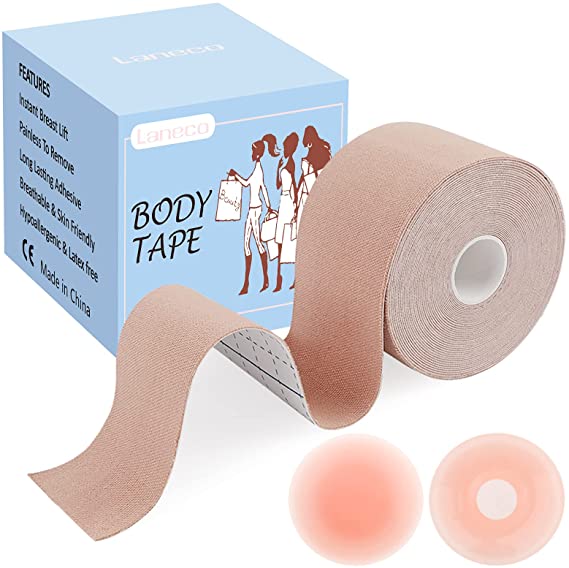 Laneco Boobytape, Boob Tape for Breast Lift, 23 Feet Extra-Long Roll Breast Lift Tape with 2pcs Reusable Nipple Covers, Adhesive Bra Body Tape for Large Breasts A-G Cup, Invisible Under Clothing