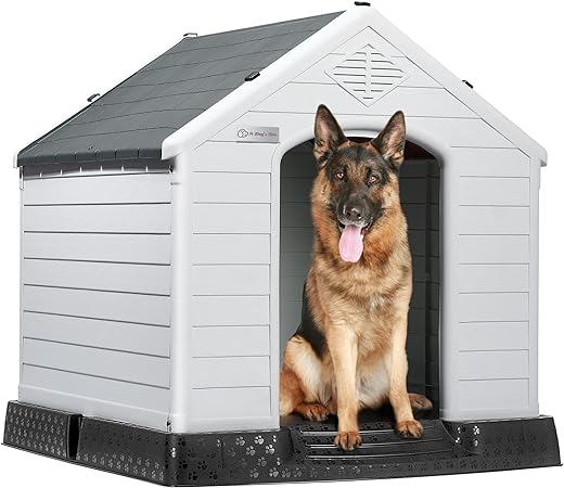 LEMBERI Durable Waterproof Plastic Dog House for Small to Large Sized Dogs, Indoor Outdoor Doghouse Insulated Puppy Shelter with Elevated Floor, Easy to Assemble (Gray, 34''L*31''W*32''H)