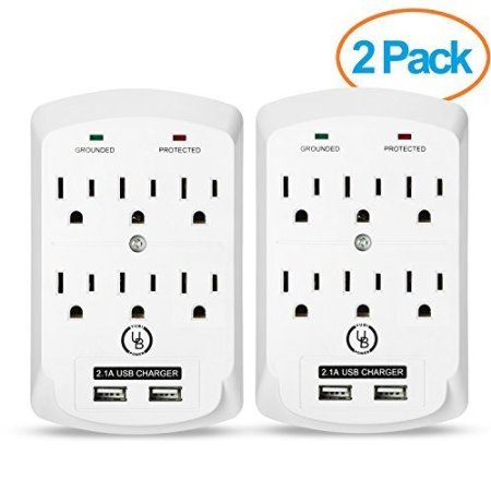 Yubi Power 6 Outlet Power Plug Surge Protector Wall Tap with 2 USB Ports 2.1A 300 Joules - White - ETL Listed - 2 Pack