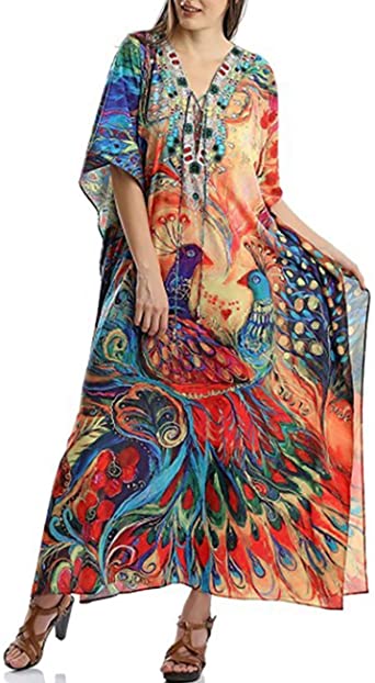 Bsubseach Women's Print Turkish Kaftan Beachwear Bikini Cover Up Maxi Dress