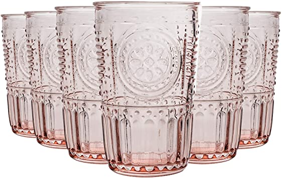 Bormioli Rocco Romantic Highball Glasses Set - Vintage Italian Cut Glass Cocktail Tumblers - 340ml - Pink - Pack of 6