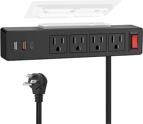 USB C Under Desk Power Strip, Adhesive Wall Mount Power Strip with USB C Ports, 4 AC Plug.20W 2 QC3.0 USB-A,1 PD Fast Charging 18W USB-C with Switch for Kitchen, Office, Home, Hotel