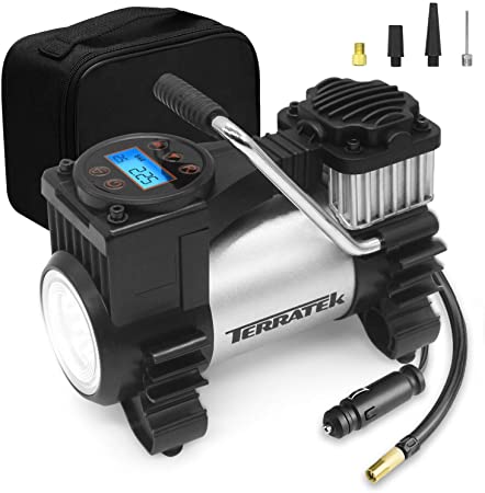 Terratek 12V Car Tyre Inflator Digital, Air Compressor Tyre Pump LED Light, Storage Bag, Auto Shut Off, Tyre Inflation, Integrated Tyre Valve Pressure Gauge for Car Bike Inflatables, Adaptors Included