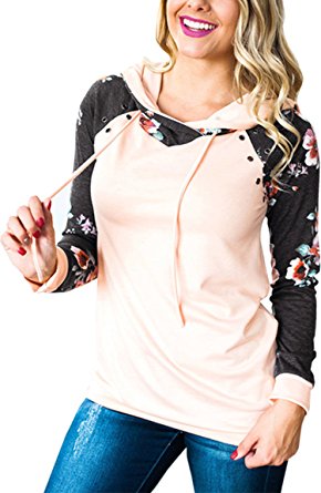 Angashion Women Hoodies-Tops- Floral Printed Long Sleeve Pocket Drawstring Sweatshirt With Pocket