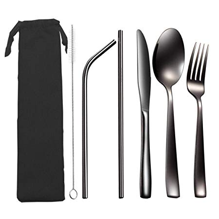 Travel Camping Cutlery Set,MEJA Reusable Silverware Set to Go with Case,7 Piece Stainless Steel Portable Utensils Flatware Set including Knife Fork Spoon Cleaning brush Metal Straws,Dishwasher Safe