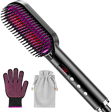 Bovon Hair Straightener Brush, Ionic Moisturize & Far Infrared Repair Hair Straightening Iron with Built-in Comb, 6 Temps Settings & Anti-Scald & Fast Heating, Perfect for Professional Salon at Home