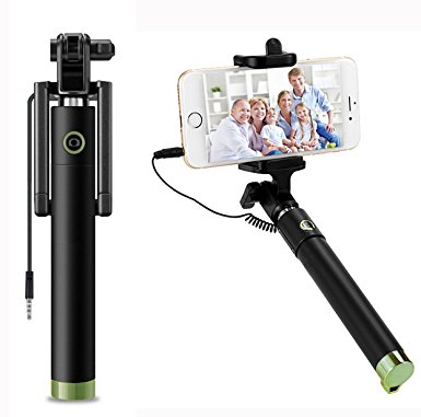 Selfie Stick, HONG111, Wired Foldable Extendable Monopod Built-in Remote Shutter for iPhone SE 6S 6 5S Samsung / HTC Univesal(green)
