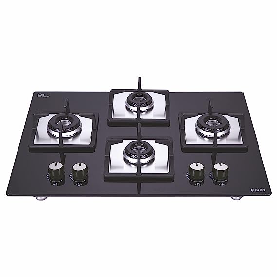 Elica Hob 4 Burner Italian Auto Ignition Glass Top - 2 Big Lotus and 2 Medium Lotus Burner Gas Stove (Flexi EC 460 DX Lotus BK) - Black