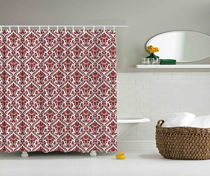 Damask Shower Curtain by Ambesonne, Victorian Style Theme Creative Special Selection Matelasse Effect Home Decoration Modern Bathroom Art Decor Interior Digital Print Fabric, Red and White