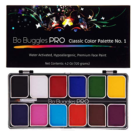 Bo Buggles Professional Face Paint Kit. Face Painting Palette No.1 Water-Activated Loved by Pro Painters for Vibrant Detailed Designs. 12x10 Gram Paints  2 Brushes. Safe Quality Makeup Paint Supplies