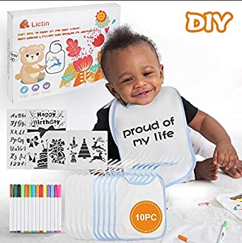 Licitn Dry Bibs Diy Set 28Pcs Baby Memory Milestone Baby Bibs 10Pcs of Double-Layer Cotton & TPU 22 x 28cm for Drawing, 14 Textile Markers Pens and 4 Painting Templates - Baby Shower/Registry Gift